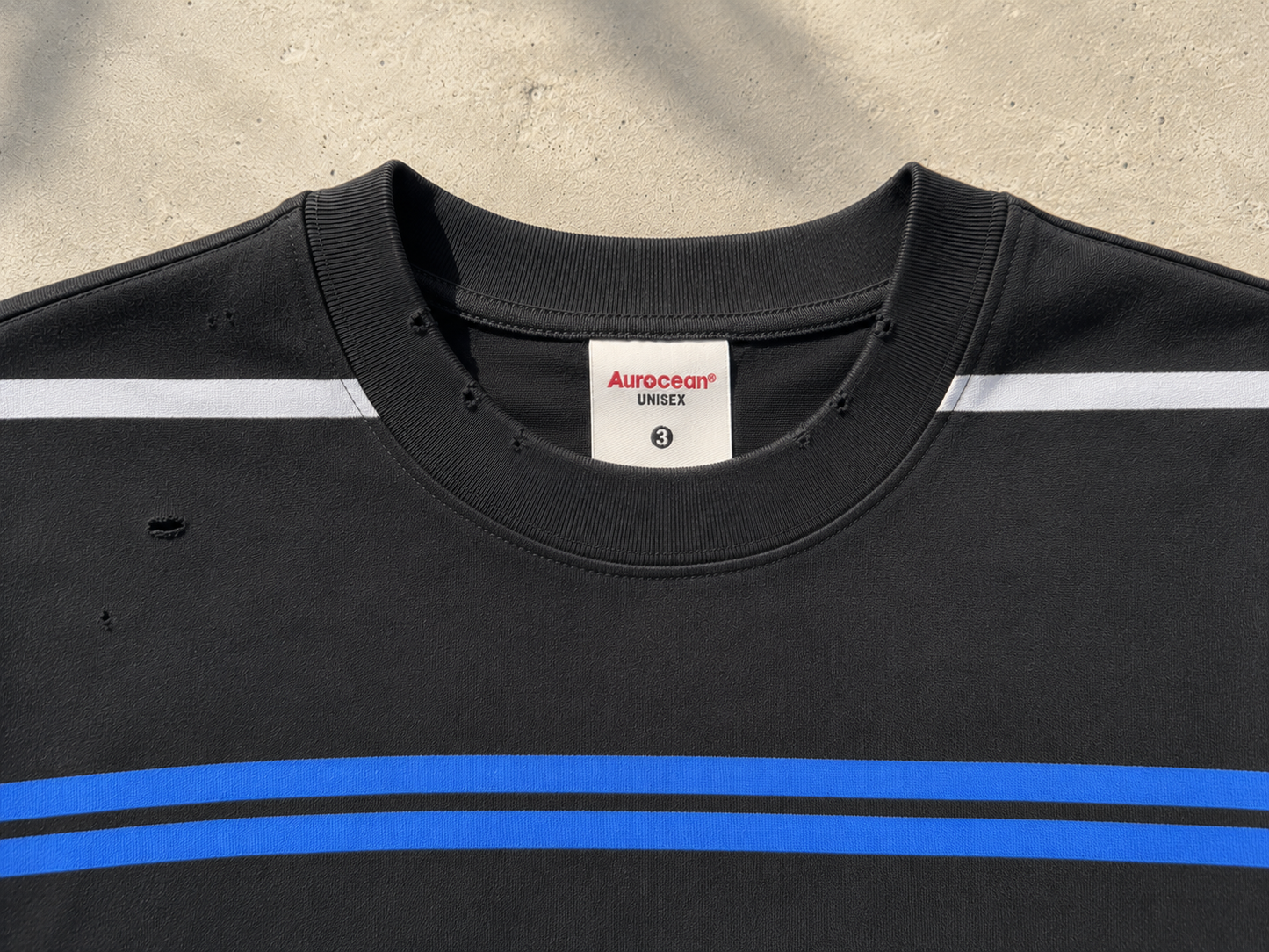 Aurocean Distressed Contrast Stripe Knit Oversized T-Shirt – Black