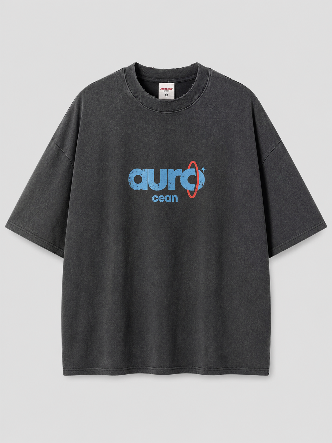 Aurocean Washed Distressed Edge Ink Print Oversized T-Shirt – Black