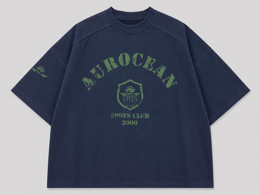 Aurocean Distressed Edge Ink Print Oversized T-Shirt – Navy