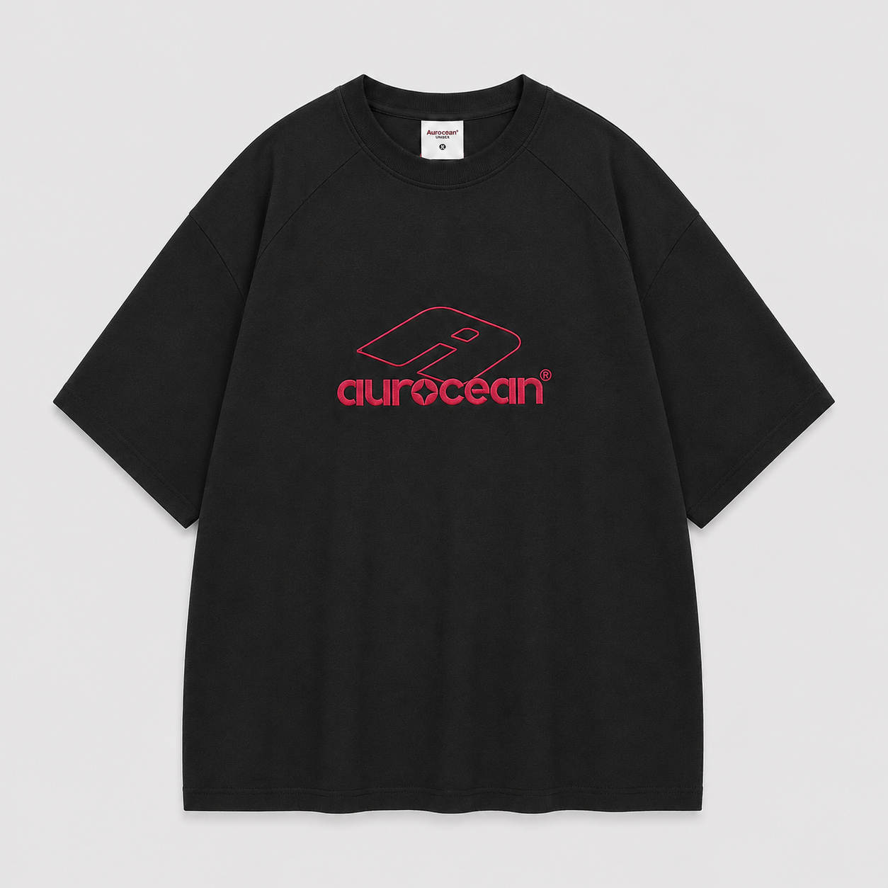 Aurocean Red Label Distressed Edge Embroidered Oversized T-Shirt – Black