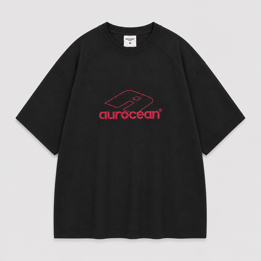 Aurocean Red Label Distressed Edge Embroidered Oversized T-Shirt – Black