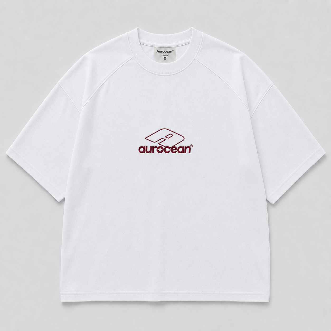 Aurocean Red Label Distressed Edge Embroidered Oversized T-Shirt – White