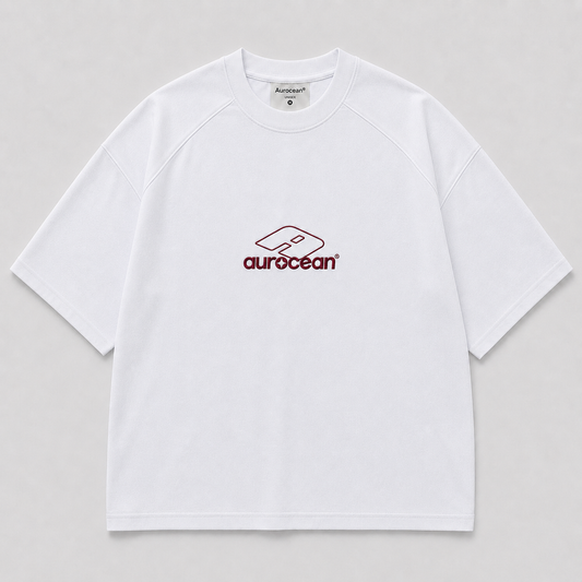 Aurocean Red Label Distressed Edge Embroidered Oversized T-Shirt – White