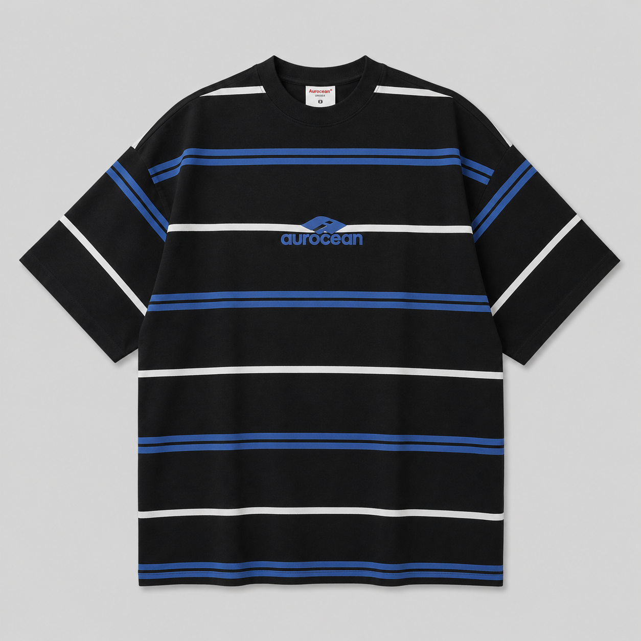Aurocean Distressed Contrast Stripe Knit Oversized T-Shirt – Black