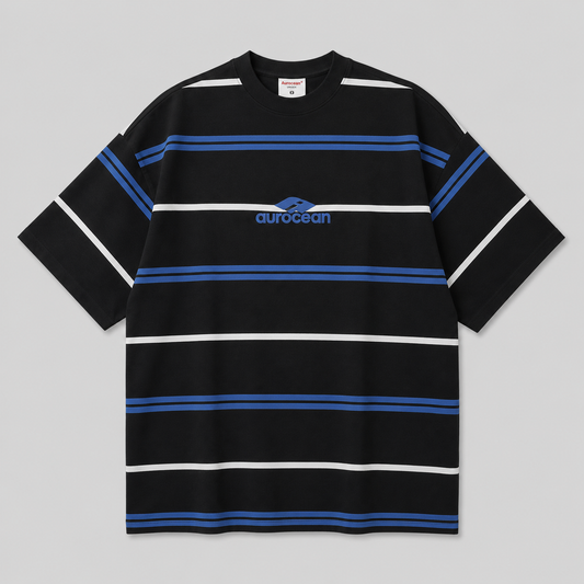 Aurocean Distressed Contrast Stripe Knit Oversized T-Shirt – Black