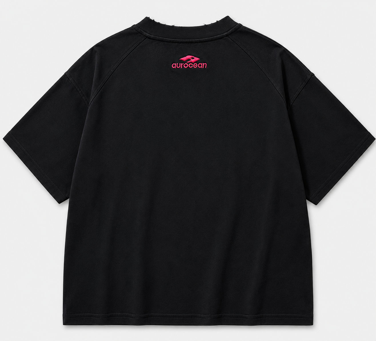 Aurocean Red Label Distressed Edge Embroidered Oversized T-Shirt – Black