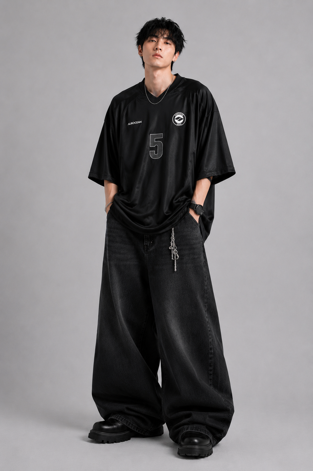Aurocean Dark Embroidered Oversized Jersey T-Shirt – Black