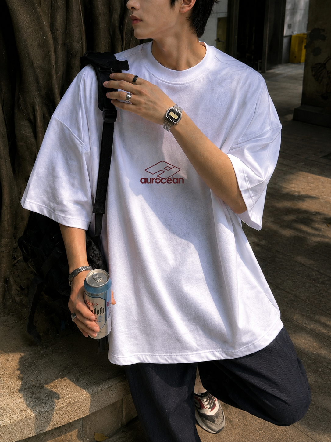 Aurocean Red Label Distressed Edge Embroidered Oversized T-Shirt – White