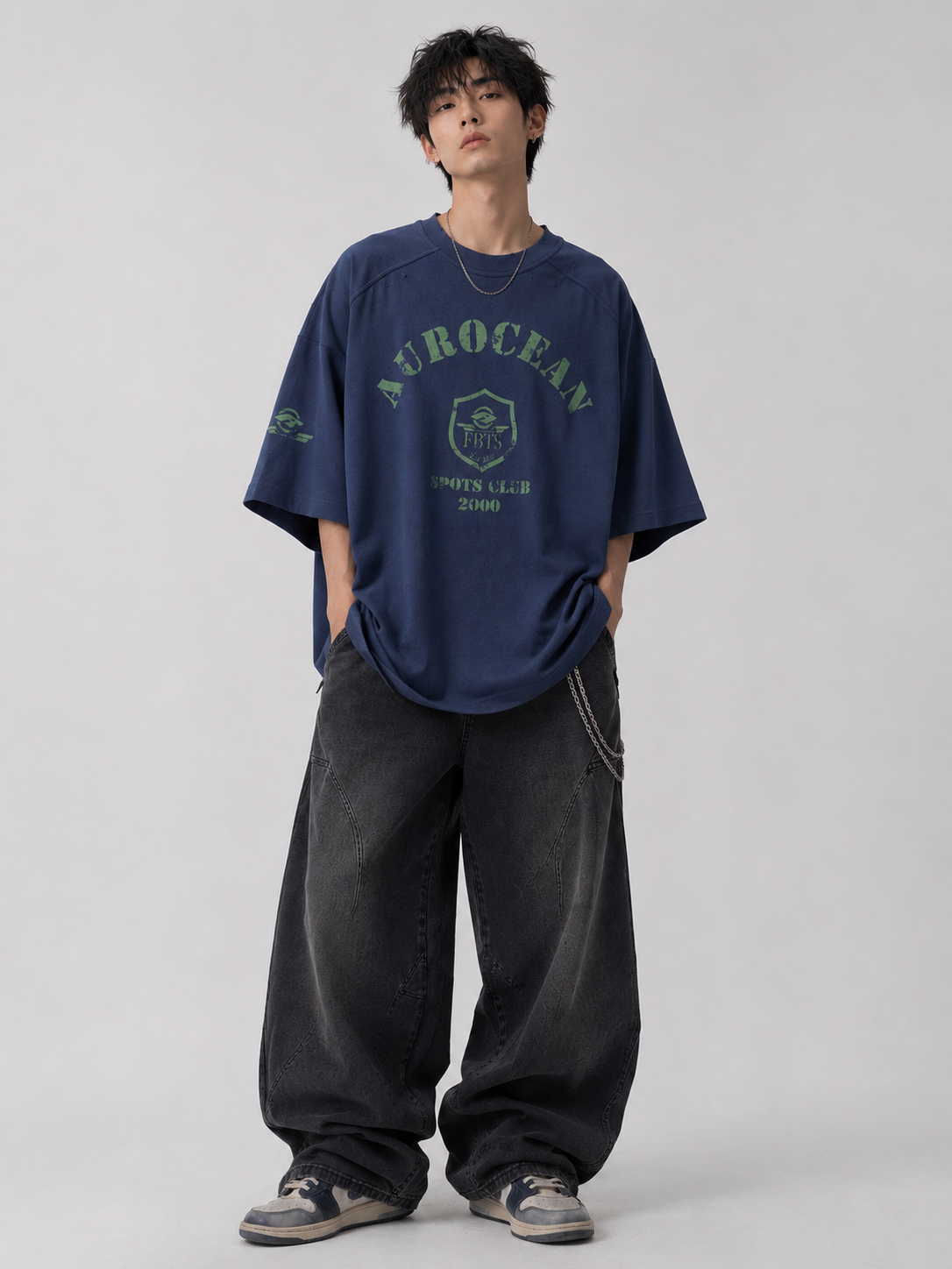 Aurocean Distressed Edge Ink Print Oversized T-Shirt – Navy