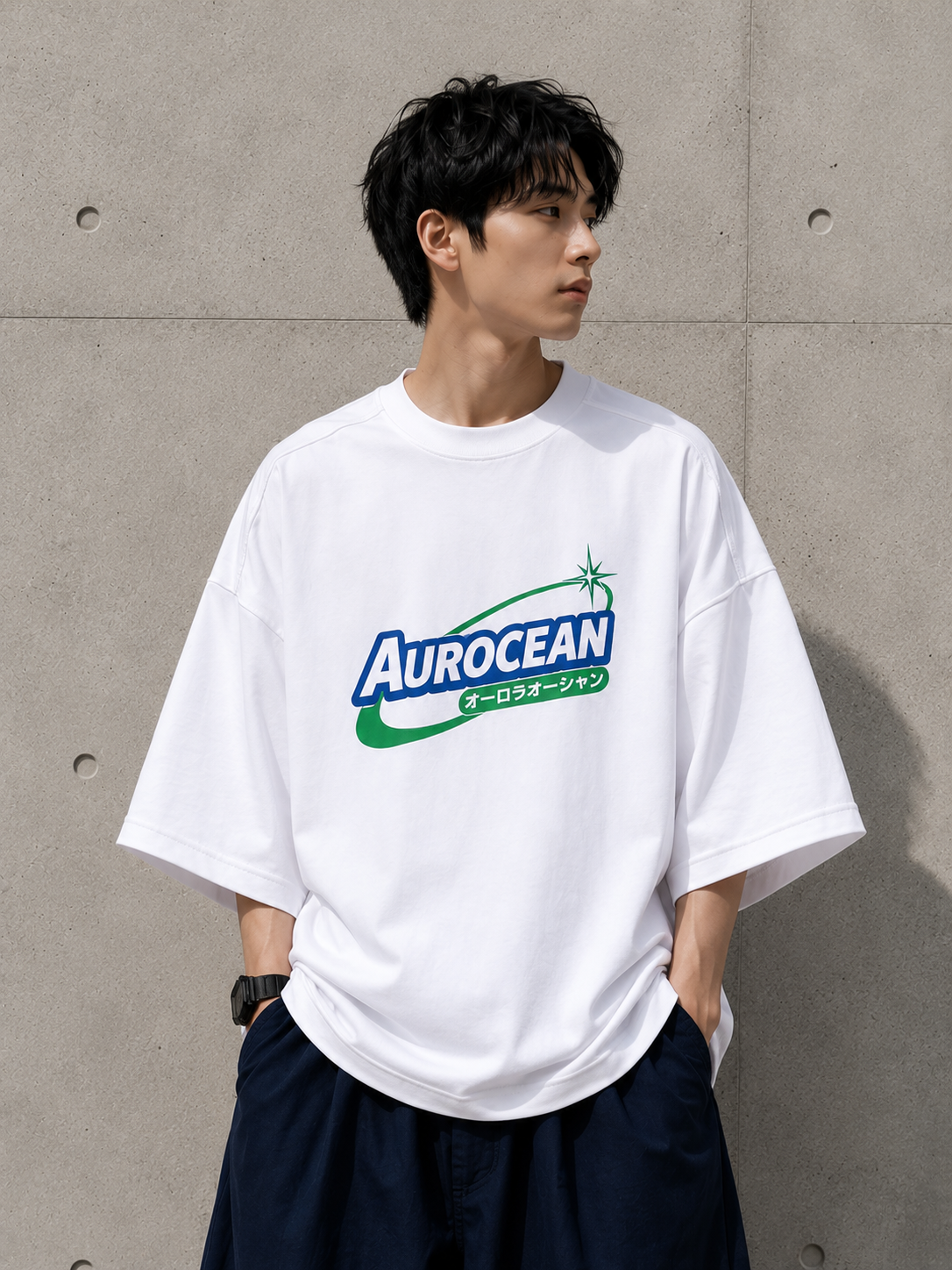 Aurocean Vintage Contrast Print Oversized T-Shirt – White