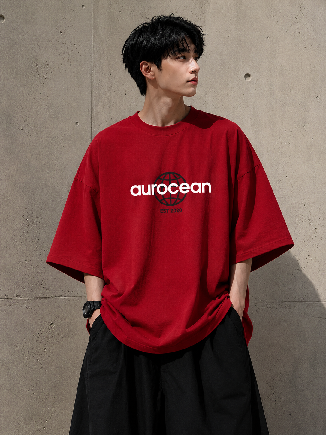 Aurocean Vintage Oversized Cotton T-Shirt – Red