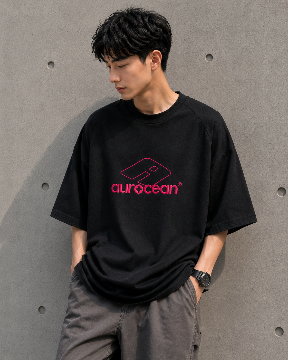 Aurocean Red Label Distressed Edge Embroidered Oversized T-Shirt – Black