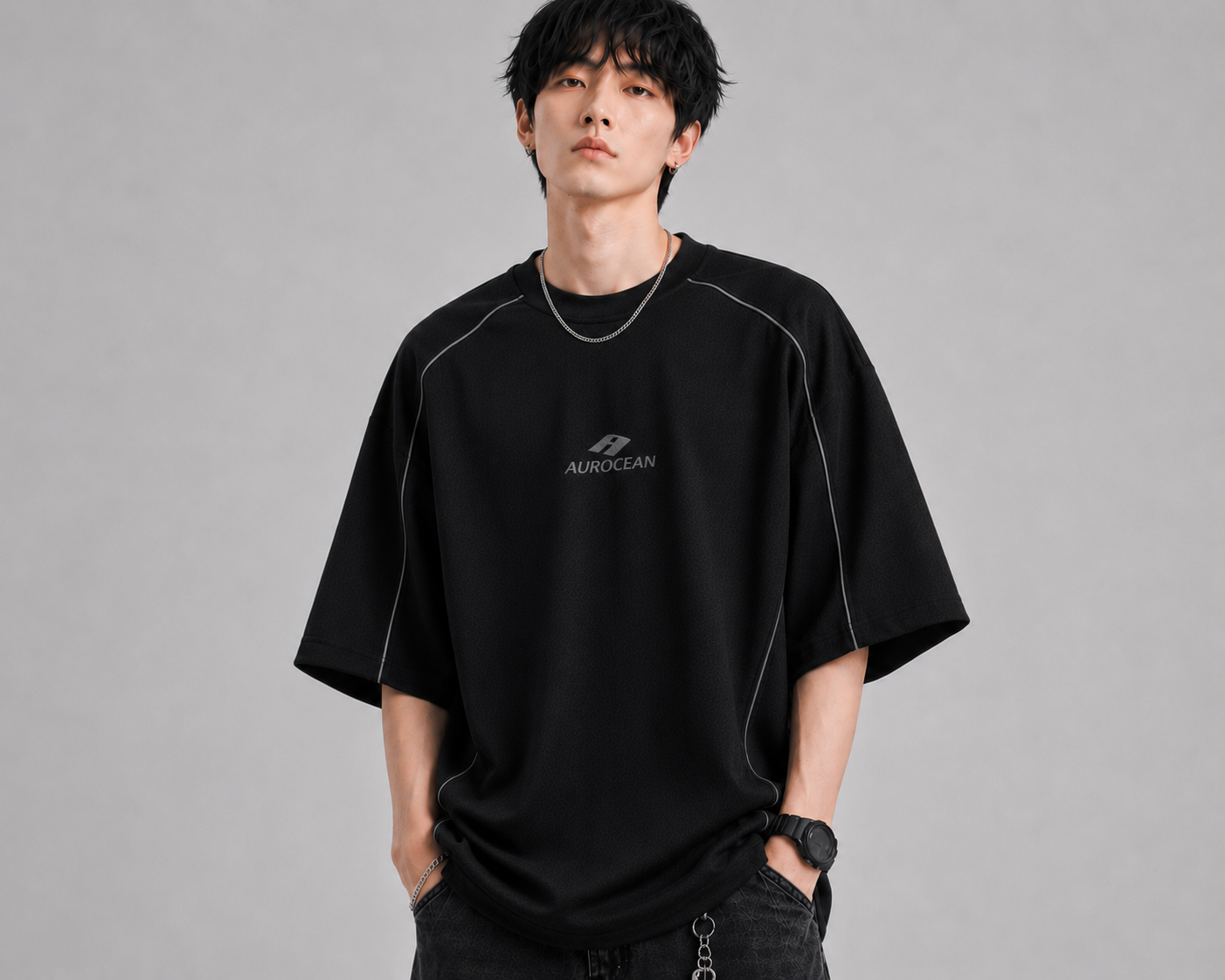 Aurocean Quick-Dry Embroidered Oversized Sports T-Shirt – Black