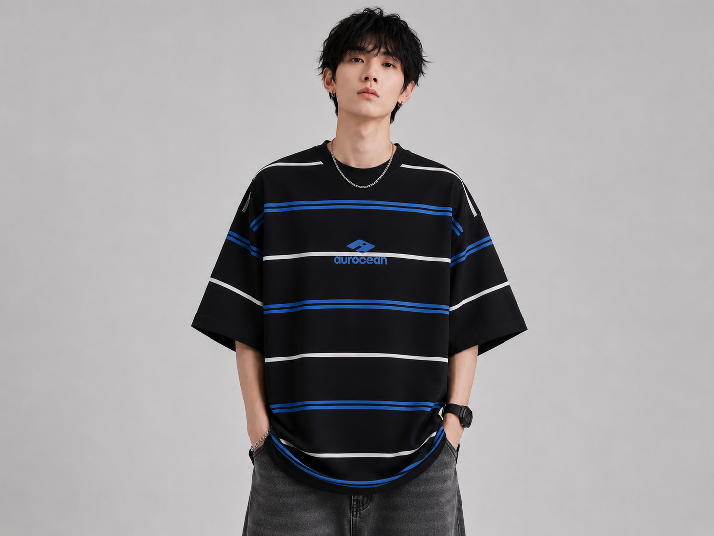 Aurocean Distressed Contrast Stripe Knit Oversized T-Shirt – Black