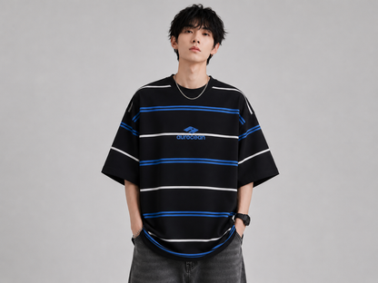 Aurocean Distressed Contrast Stripe Knit Oversized T-Shirt