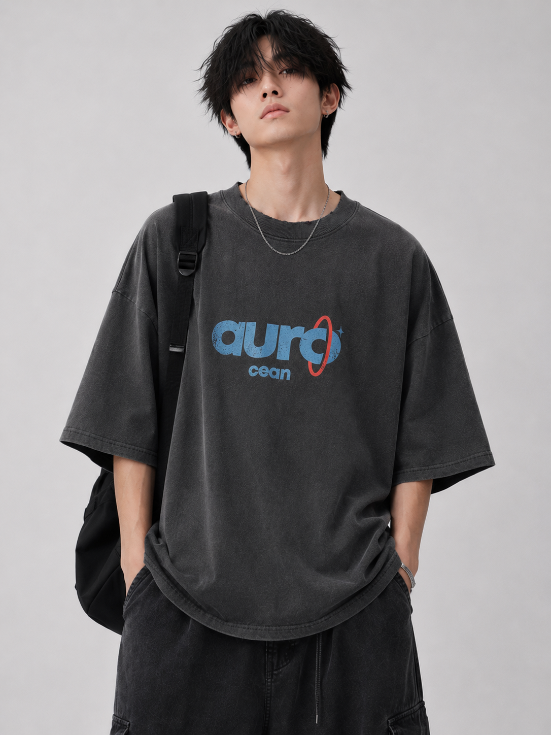 Aurocean Washed Distressed Edge Ink Print Oversized T-Shirt – Black