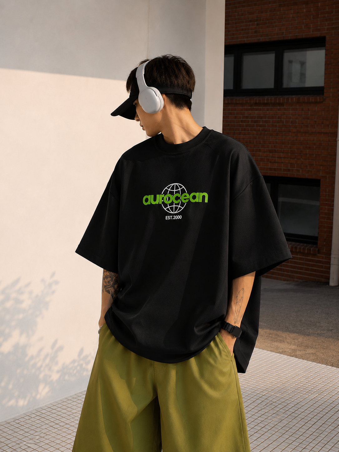 Aurocean Vintage Utility Oversized T-Shirt – Black