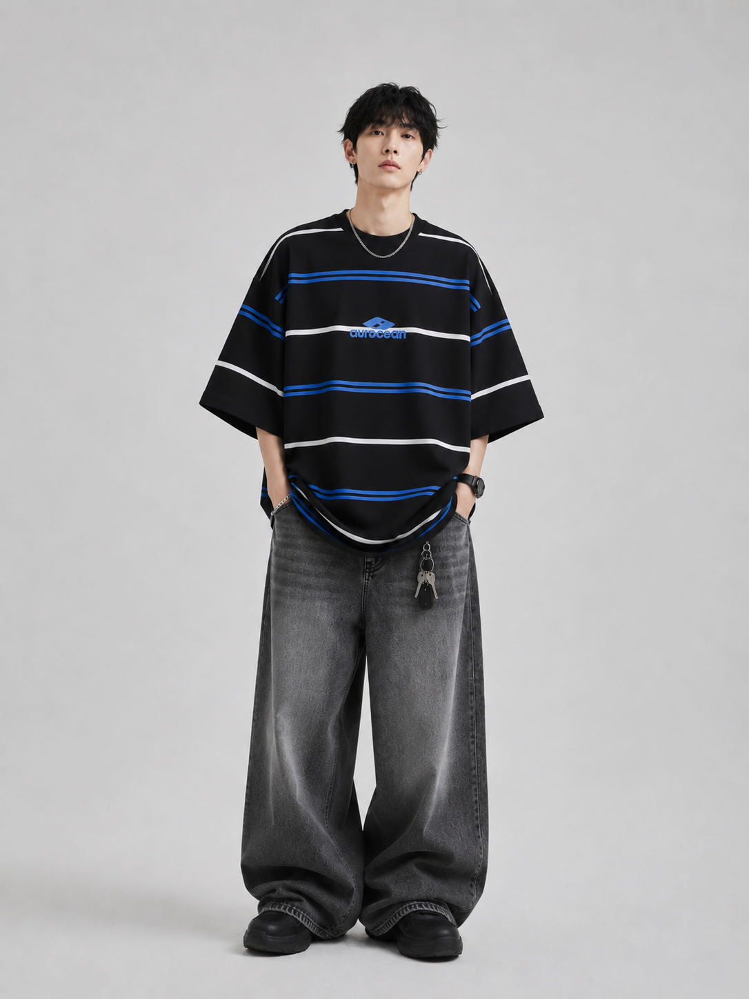 Aurocean Distressed Contrast Stripe Knit Oversized T-Shirt – Black