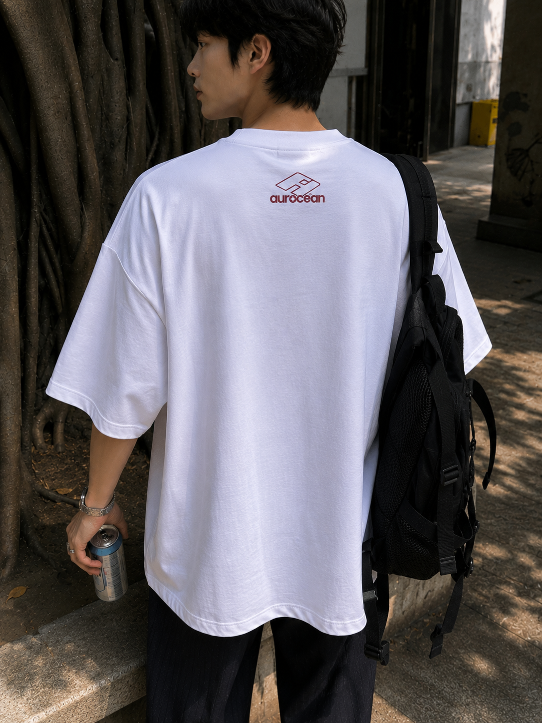 Aurocean Red Label Distressed Edge Embroidered Oversized T-Shirt – White