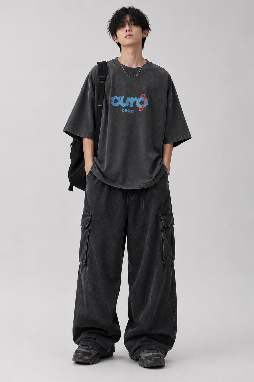 Aurocean Washed Distressed Edge Ink Print Oversized T-Shirt – Black