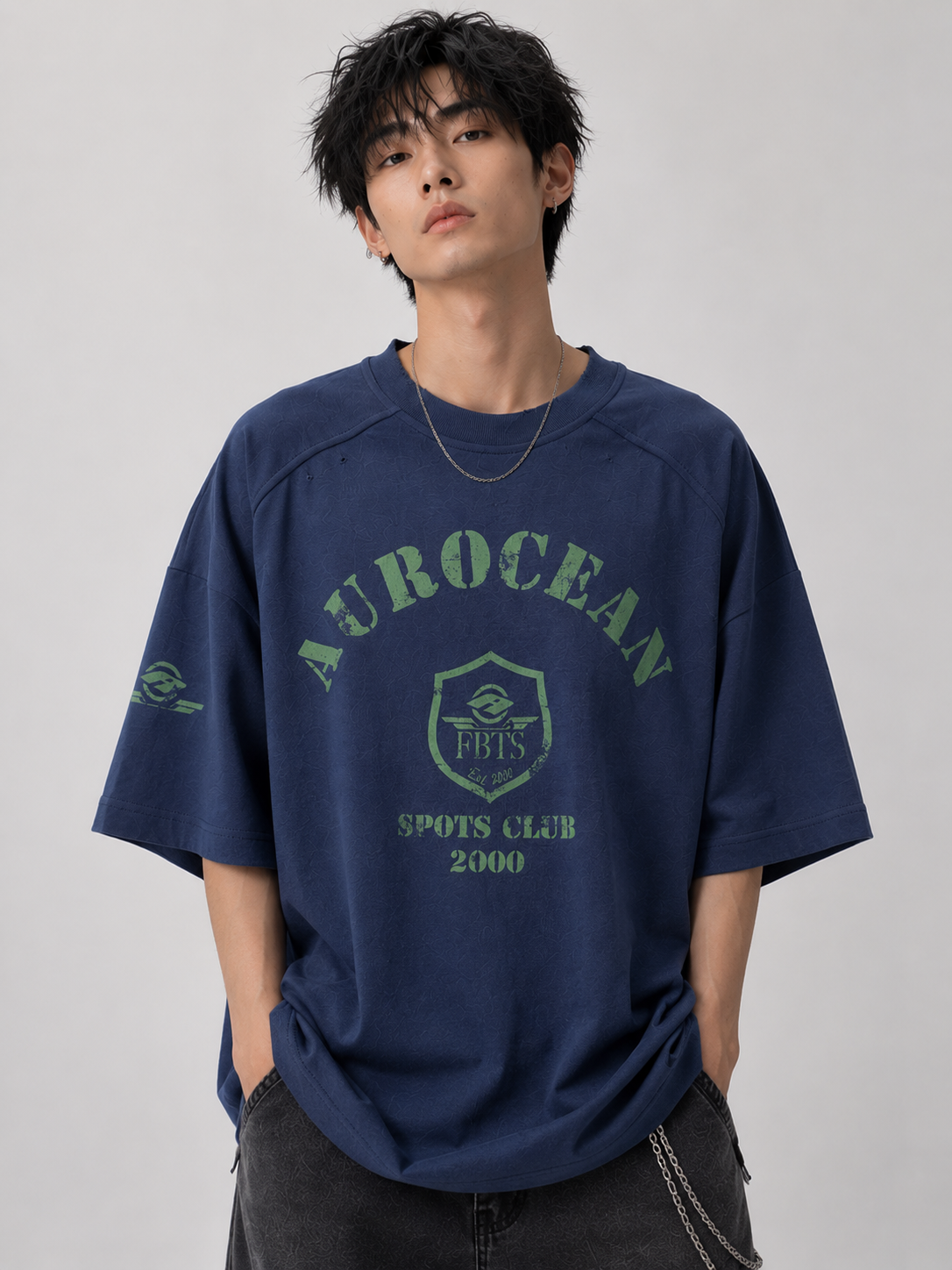 Aurocean Distressed Edge Ink Print Oversized T-Shirt – Navy