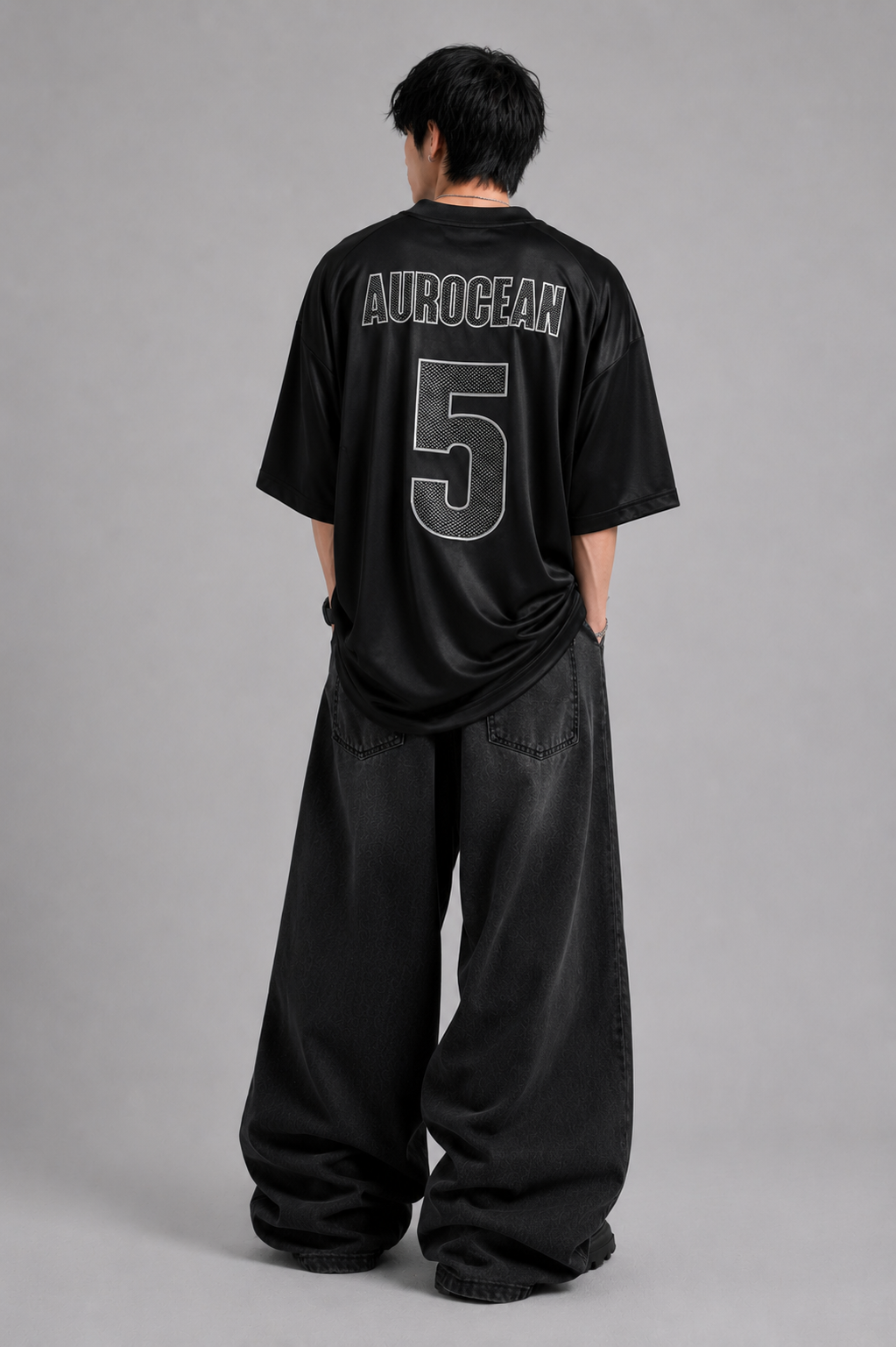 Aurocean Dark Embroidered Oversized Jersey T-Shirt – Black