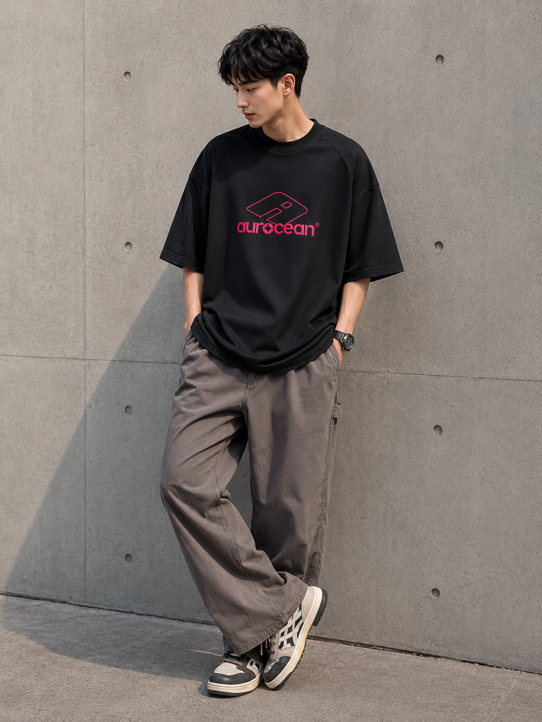 Aurocean Red Label Distressed Edge Embroidered Oversized T-Shirt – Black