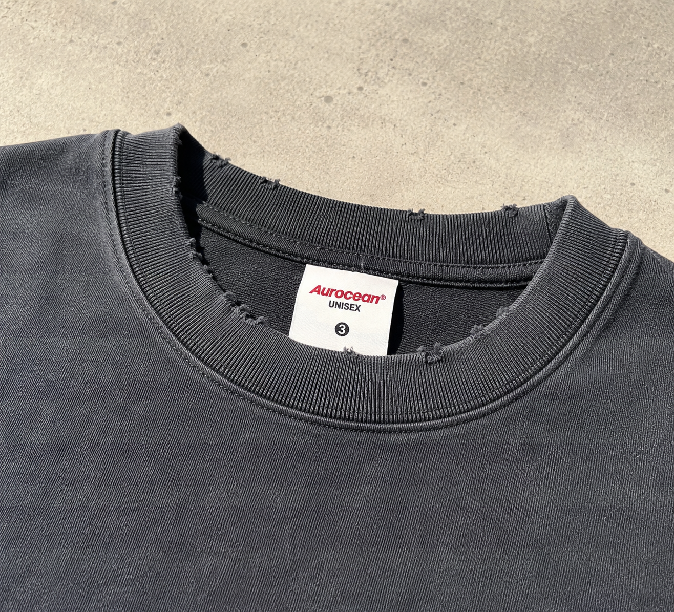Aurocean Washed Distressed Edge Ink Print Oversized T-Shirt – Black