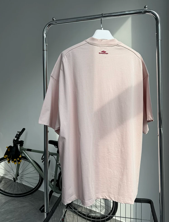 Aurocean Red Label Distressed Edge Embroidered Oversized T-Shirt – Pink